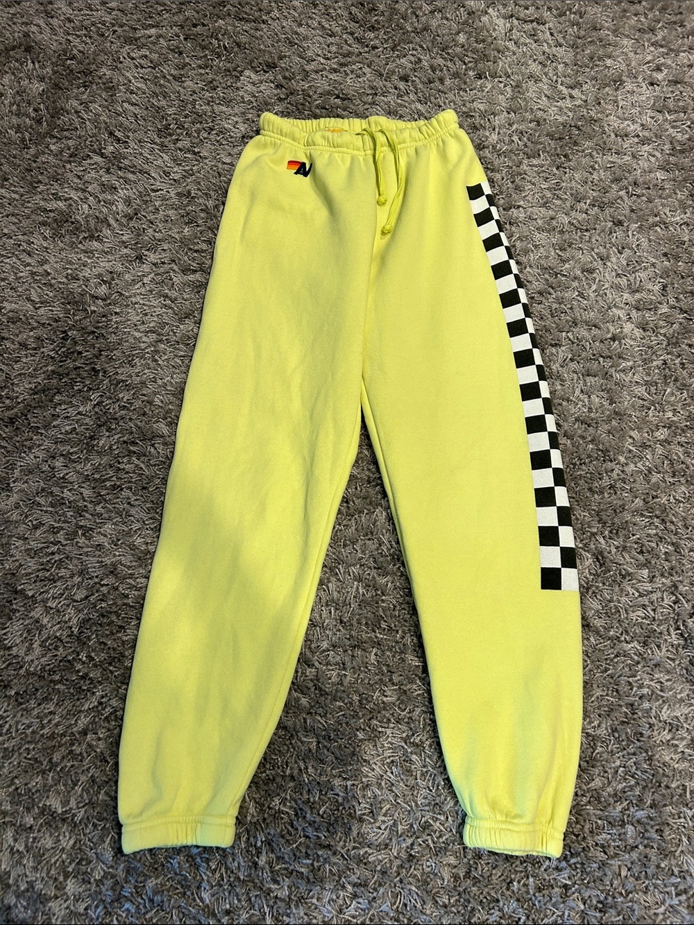 Aviator Nation Neon Yellow Joggers with Black & White Checker Stripe
